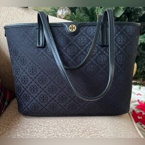Tory Burch Black T Monogram Small Zip Tote